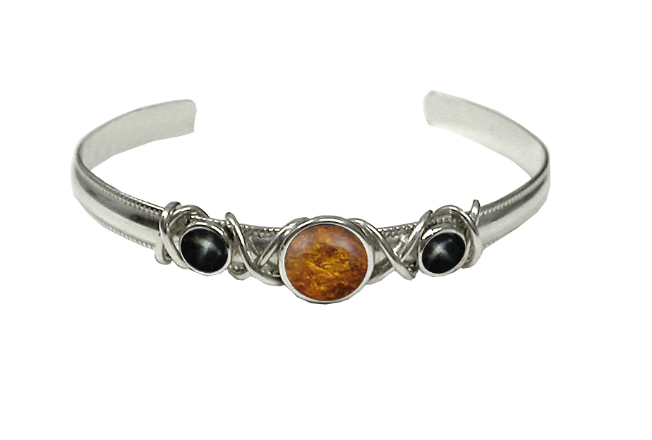 Sterling Silver Hand Made Cuff Bracelet With Amber